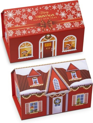 2 Pack House Shape Gift Boxes for Christmas 20 x 19.5 x 13 cm Decoration Box with Magnetic Closure Empty Gift Wrap Boxes for Xmas's day Eve New Year Presents Wrapping (Snowflake+Snow)