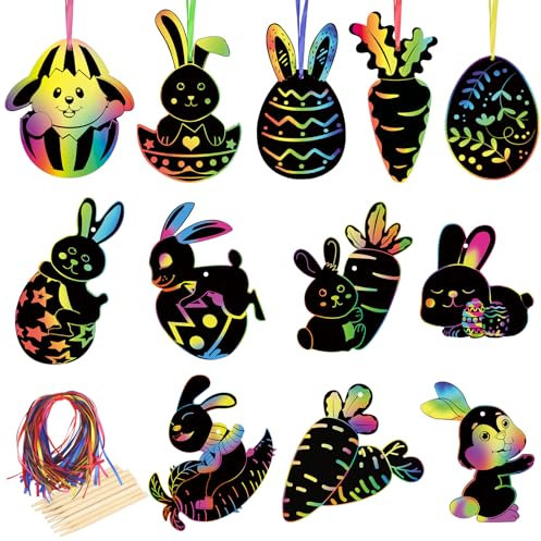 MONCAP 48 Stück Osterhasen Kratzpapier Kinder Ostern Kratzbilder Hase Kratzpapier Kaninchen Scratch Art Ostern Papierbastelset mit Kratzstift für Jungen Mädchen Frühling Osterdeko Party Geschenke
