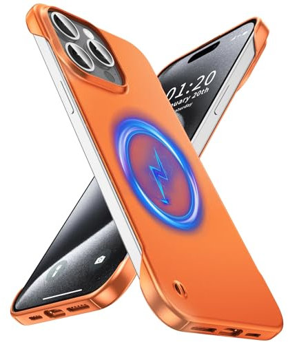 GRECAZO Magnetic Ultra Thin Frosted Designed for iPhone 15 Pro Max Frameless Case 6.7 inch [Compatible with MagSafe] Slim Minimalist Lightweight Matte Hard Cover Protective Borderless Case- Orange