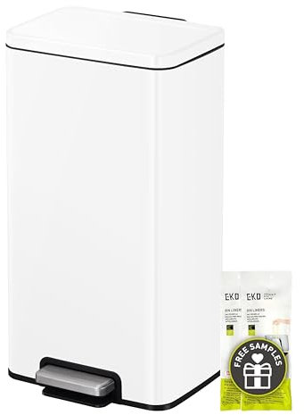 EKO Madison Cubo de Basura Cocina 30L con Pedal y Tapa de Cierre Suave | Blanco Acero Inox Antihuella | Papelera Moderna y Robusta | Gran Capacidad para Reciclaje