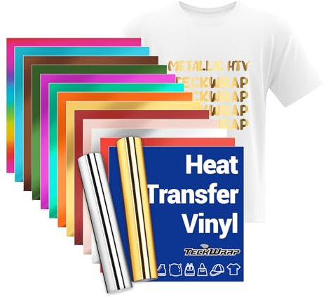 TECKWRAP PU Metallic Heat Transfer Vinyl 12 x 12 12 Sheets/Pack Chrome HTV for DIY Clothing,T-Shirts,Fabric Foil Iron on Vinyl Compatible with Heat Press Craft Cutters