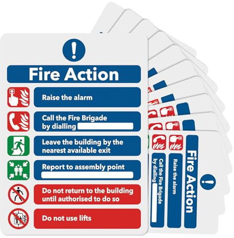 10 cartelli di avviso di azione antincendio, 200 x 150 mm, segnali di sicurezza antincendio con linee guida chiare per l'allarme antincendio, adesivo in vinile autoadesivo opaco, cartello per