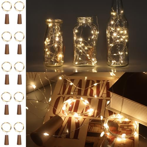 Lot de 10 Lumières de Bouteille Avec Liège Blanc Chaud, 2M 20 LED, Mini Guirlande Lumineuse en Fil de Cuivre étanche Pour Bouteille de Vin Pour Bricolage, Fête, Décoration de Vacances, (Blanc Chaud)
