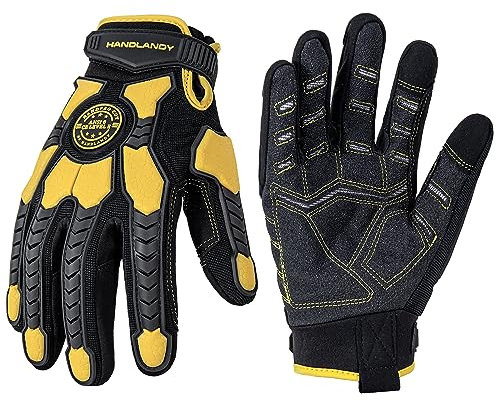 HANDLANDY Cut Resistant Gloves Men Anti Vibration Work Gloves, Padded Palm Grip Heavy Duty Working Gloves (Black-Yellow, L)