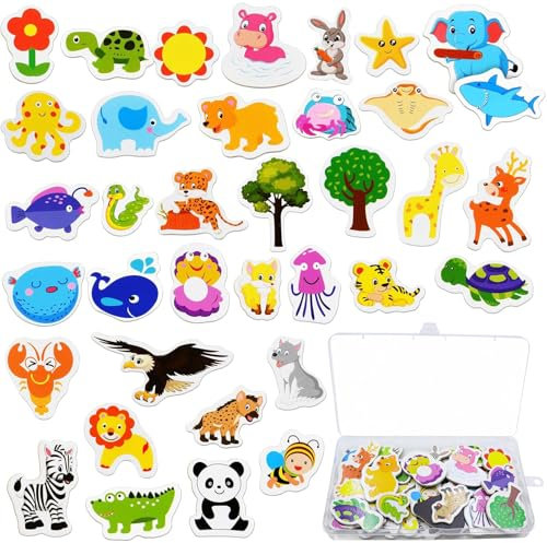 36PCS Wooden Animal Magnets, Cartoon Magnetic Animal Fridge Magnets, Educational Learning Toys for Kids, for Magnetic Whiteboards, Photos, Maps, Office Stickers, Refrigerator Magnets