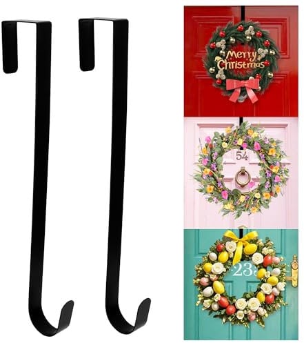 Door Wreath Hanger 15 Inch Wreath Hanger for Front Door 2 Pack Black Wreath Door Hanger for Welcome Sign Metal Wreath Hook Over The Door Hooks for Halloween Thanksgiving Fall Christmas Wreath Decor