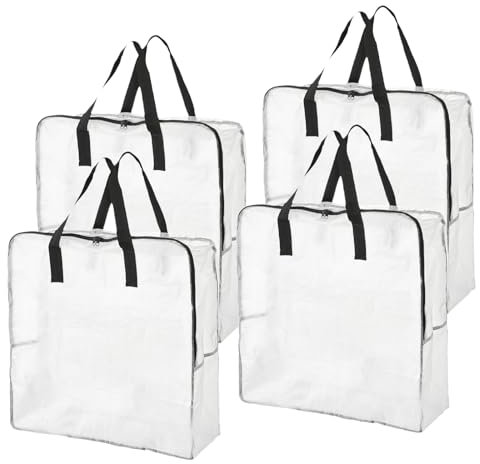 80L Clothes Storage Bags, 4 Pack Large Clear Capacity Clothes Organizer with Zips, Moisture proof, Plastic Packing Boxes for Moving House with Durable Handles for Clothing, Duvet, Bedding (Black)