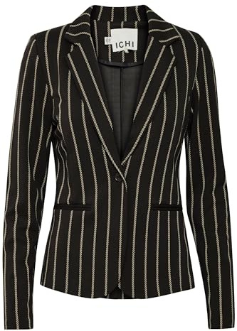 ICHI IHRUTI BL7 Damen Blazer Kurzblazer Jacke gestreifter Ein-Knopf-Blazer mit Stretch und Reverskragen, Größe:XL, Farbe:Black (194008)