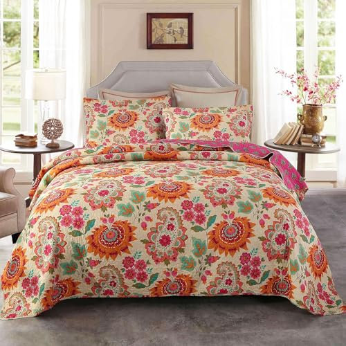 Qucover Colcha de Algodón Cómoda para Cama 150, 3 Piezas Cubrecama 230x250 cm con Patrón de Girasoles Naranjas, Colcha Acolchada Cama 150 con 2 Fundas de Almohada de 50x70 cm
