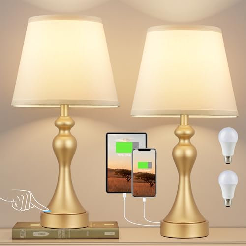 Kakanuo Nachttischlampe Touch Dimmbar 2er Set, Tischlampe Modern mit Ladefunktion USB A+C-Anschlüssen, eißer Lampenschirm Goldener Sockel, Vintage Tischleuchte für Schlafzimmer Wohnzimmer Büro Deko