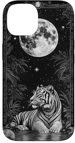 Weißer Tiger Art Deco himmlischer Vollmond Tier Wildkatze Hülle für iPhone 14