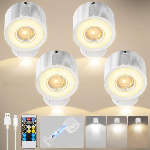 Applique Murale Interieur 4 Pièces, Lampe Murale LED avec de Contrôle Tactile, 3 Températures de Couleur et Luminosité Réglable, Appliques murales sans fil pour Chevet de Chambre En Lisant, Blanc