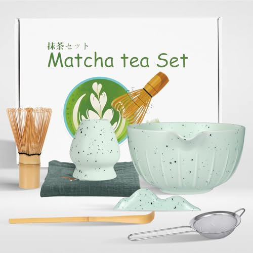 Zanfqvo 7-Teiliges Matcha Besen Set - Matcha Schale aus Keramik, Matcha Whisk, Matcha Löffel, Matcha Besen Halter, Sieb - Japanisches Zubehör für Ceremonial Match (Grün)