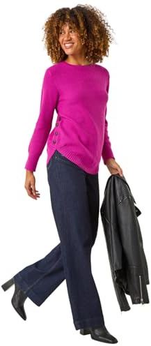 Roman Women Ribbed Jumper for Women UK Ladies Curved Hem Sweater Stitch Detail Pullover Chunky Knitwear Knit Winter Autumn Textured Oversized Soft Cosy Comfy - Magenta - Size 14