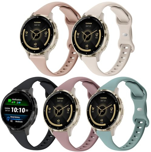 TUCOMO 5 Stück Schlanke Silikon Armband kompatibel mit Garmin Venu 3S /Venu 4 41mm / Vivoactive 4S / Venu 2S / Vivomove 3S, 18mm Dünne Weiche Schmale Sport Ersatzband für Garmin Forerunner 255s/265S