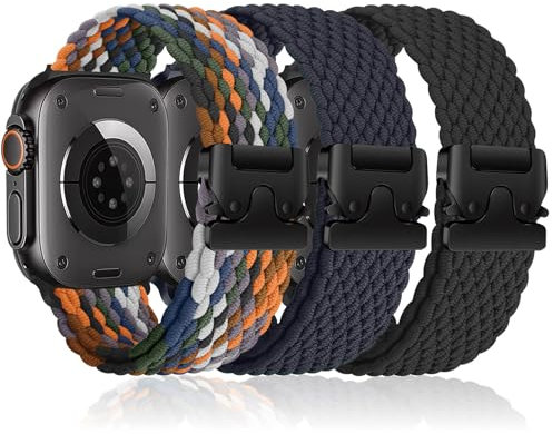 3 Stück Geflochtenes Armbänder für Apple Watch Ultra/2 Armband 49mm 46mm 40mm 44mm 45mm 41mm 42mm 38mm,Elastisches Nylon Strap Fallschirmverschluss Band für Apple Watch 10 iWatch 9 8 7 6 5 4 3 SE/2