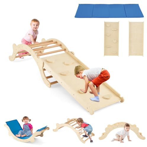 HOMASIS 3-in-1 Kletterbogen mit Rutsche & Wippe, Klettergerüst Indoor mit umkehrbare Rampe & Matte, Kletterdreieck zum Rutschen, Klettern, Schaukeln, für Kinder ab 1 Jahr (Natur, Modell 2)