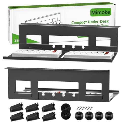Mimoke Lot de 2 plateaux de gestion des câbles – Lot de 2 organiseurs de câbles en acier noir pour bureaux debout, boîte de câbles et de prises, revêtement par pulvérisation, montage facile (noir)