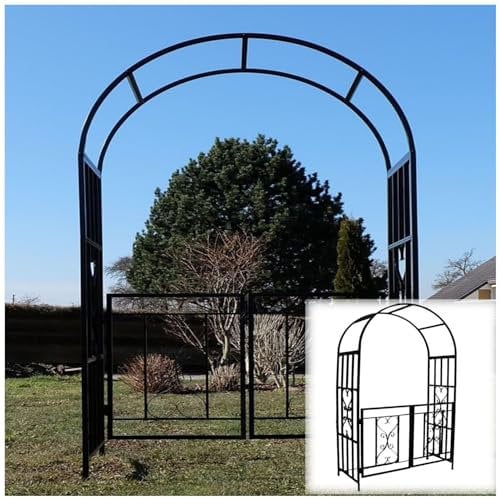 Sturdy Black Metal Garden Arch Arbor with Double Doors & Locking Gate, 114cm x 210cm Wedding Trellis for Climbing Vines, Heart Motifs, Indoor/Outdoor Yard Decor