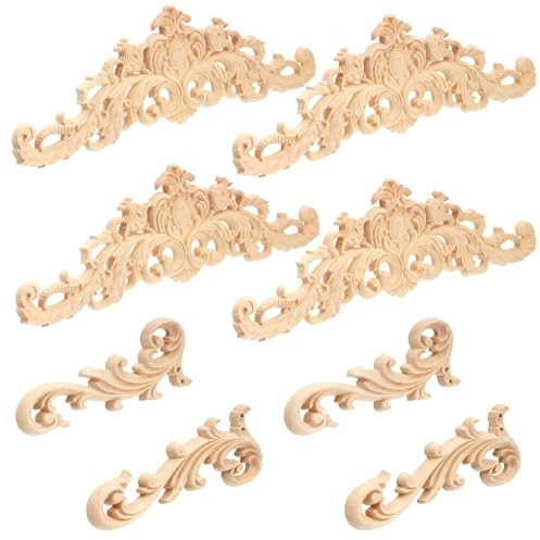 8 Pcs Wood Appliques, Carved 3D Decorative Wooden Appliques Mouldings, Unpainted Decorative Mouldings Wood Applique for Bed Door Cabinet Wardrobe Furniture Decoration (2 Sizes)