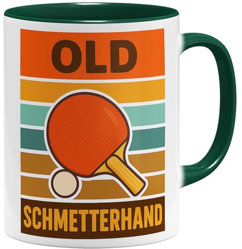 OM3® lustige Tischtennis Kaffee-Tasse mit Spruch - Old Schmetterhand - für Tischtennisspieler & Vereinskollegen - Keramik Becher - 325ml - Beidseitig Bedruckt - Grün