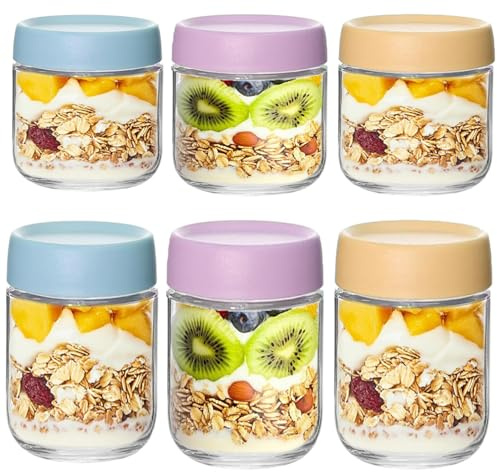 Jinavoty Lot de 6 bocaux en verre pour avoine pendant la nuit, Bocal en verre de 480 ml + 350 ml avec couvercle, Conteneur pour avoine pendant la nuit pour yaourt parfait en collation (480+350 ml)
