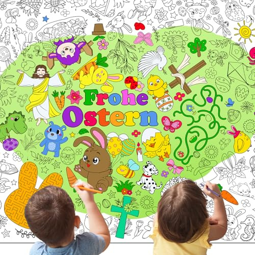 DPKOW Ostern Ausmalen Poster für Kinder, Papier Bemalbare Tischdecke Beschäftigung Kinder Ostern Basteln Geschenk, Ostertischdecke Ausmalbilder, Malaktivität, Ostereier Blume Körbe Hasen Küken