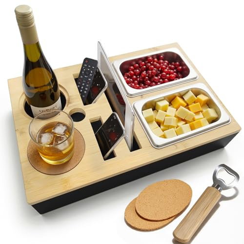 Autreykorn Couchbar Snackbox,Holz-Sofa Tablett mit Fächern & Getränkehalter | Holz Sofatablett mit Fächern, Edelstahl-Schalen, abnehmbarer Getränkehalter, Wohnmobil, Camping, Männergeschenk