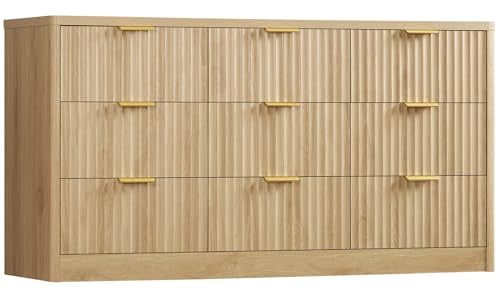 TEENFON Kommode 160 cm für Schlafzimmer mit 9 Schubladen, Kommode & Schubladenschrank mit Metallgriffen, Geriffelte Aufbewahrungskommode aus Holz, Kleiderschrank-Organizer für Wohnzimmer, Flur, Natur