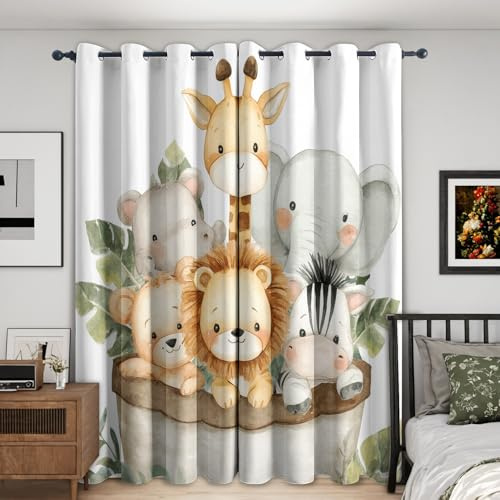 Generisch Kinder Safari Gardinen Blickdicht 2er Set, Vorhänge Dschungel Tiere Kinderzimmer Motiv mit Ösen, Wohnzimmer Schlafzimmer Deko, Thermovorhang Verdunkelung, H 220 x B 140 - M481