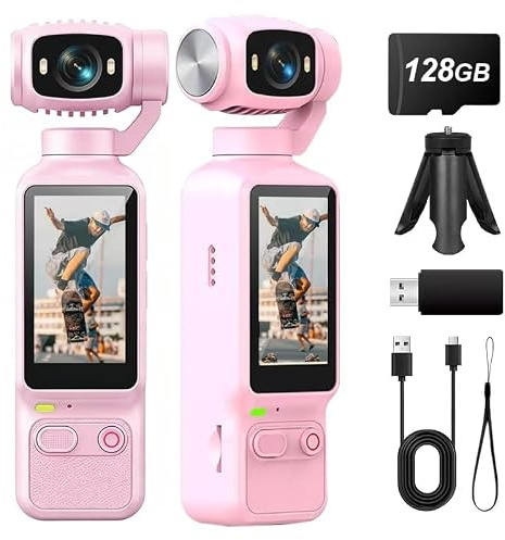 MUOXUEQN Portable Handheld Action Camera, 2.5K UHD Pocket Camcorder with 1.3 LCD Screen, 180° Rotatable Lens, Fill Light, Loop Recording, for Vlogging Travel Outdoor Sports (Pink, 128G)