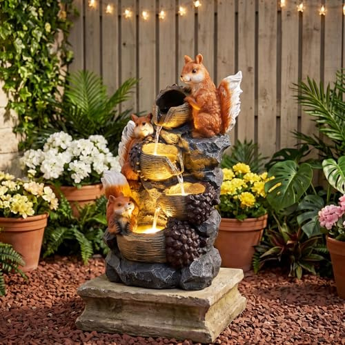 COSTWAY 4-stufiger Springbrunnen, Gartenbrunnen mit LED Beleuchtung & Pumpe, Kaskadenbrunnen Kunstharz, Steinoptik & Eichhörnchen-Motiv, Zimmerbrunnen draußen, Wasserfall Brunnen Garten, 34x25x59 cm