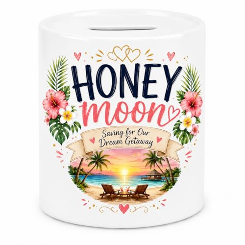 Honeymoon Fund Money Box – Honeymoon Savings Ceramic Piggy Bank – Saving for Our Dream Getaway – Wedding Gift for Couples – Tropical Travel Fund Coin Bank