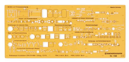 Standardgraph 7381 - Heizungstechnik III | Zeichenschablone für Heizungsarmaturen nach DIN, mit 3 Symbolgrößen und Tuschenoppen für präzises Arbeiten