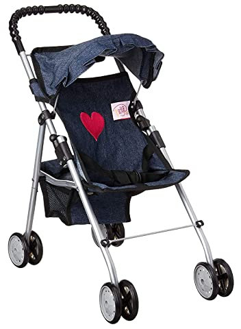 The New York Doll Collection My First Doll Denim Stroller - Baby Doll Pushchair with Basket - Foldable Dolls Pram, Toy Dolls Buggy for 18-Inch Dolls