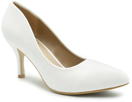 Womens Ladies Low MID HIGH Kitten Heel Pumps Pointed Toe Work Court Shoes Size (UK 8 / EU 41 / US 10, White PU)