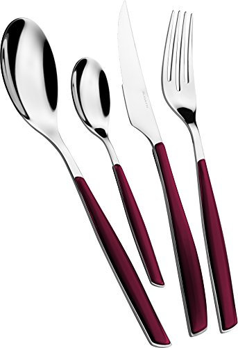 BUGATTI, Glamour, 4-teiliges Besteck, Set aus Edelstahl 18/10 und Griff mit roter Granate. Besteckset für 1 Person bestehend aus 1 Löffel, 1 Gabel, 1 Messer und 1 Kaffeelöffel