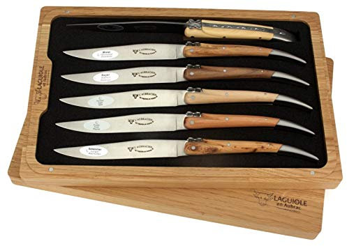 Laguiole en Aubrac Steakmesser - 6er Set - Griff Auswahl französischer Hölzer - Original Tafelmesser aus Frankreich mit Zertifikat