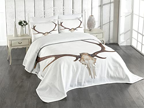 ABAKUHAUS Hirsch Tagesdecke Set, Antlers Skeleton Hunter, Set mit Kissenbezügen Waschbar, für Doppelbetten 264 x 220 cm, Beige Braun