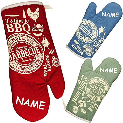 alles-meine.de GmbH Topfhandschuh - Barbeque & Grill - Farb-Mix - inkl. Name - 100% Baumwolle - mit extra Langen Schaft/Topflappen - für die Küche Grill - Grillhandschuhe - to..