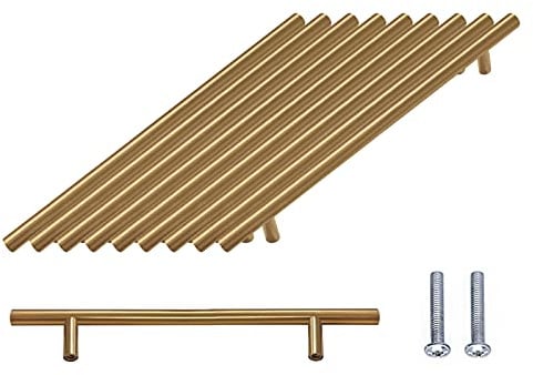 SPDYCESS 10 Stück T Bar Möbelgriffe, Gebürstete Schranktürgriffe | Griffe aus Edelstahl mit Schrauben, Gold Schubladengriffe für Küche 64mm Lochabstand 160mm Lochabstand