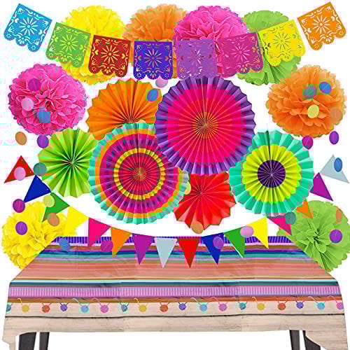 ZERODECO Mexiko Fiesta Party Dekorationen, Mehrfarbig Geburtstags Dekorationen mit Papierfächer Pompom Tischdecke Mexikanisches Banner Girlanden zum Cinco de Mayo Fiesta Geburtstags Party