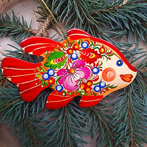 Christbaumschmuck Fisch aus Holz 10 х 7 х 0.5 cm Kunstvoll Handbemalter Origineller Weihnachtsschmuck Holzanhänger Nach Ukrainischer Tradition der Petrykiwka-Malerei