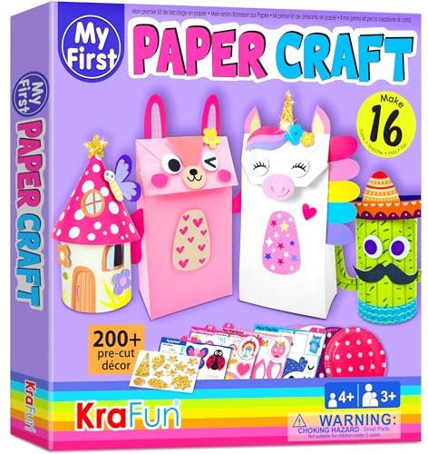 KRAFUN My First Unicorn Bunny Paper Craft Kit for Kids Ages 3-8, 16 DIY Arts & Crafts Projects, Includes Supplies, Instructions, Reusable Box, Educational Gift for Toddlers, Girls, Preschool