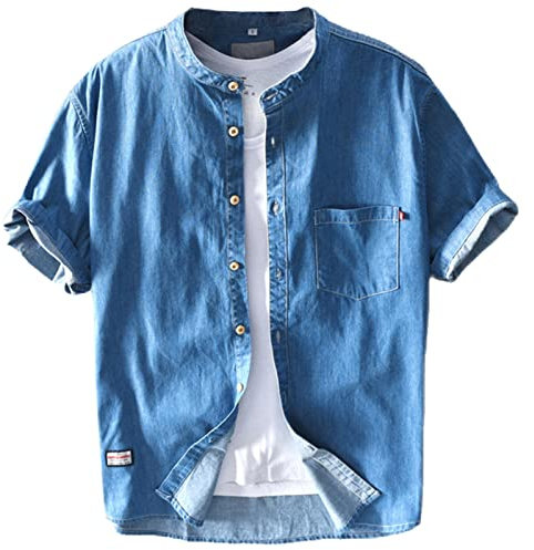 GIBZ Camicia di Jeans da Uomo in Cotone Camicie Estive a Maniche Corte Casual Abbottonata, Blu Navy, XXL