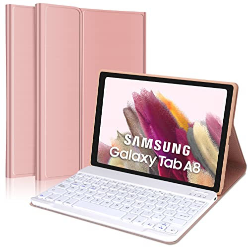FOGARI Teclado para Samsung Galaxy Tablet A8 10,5'' 2022 - Teclado Español Ñ Bluetooth Inalámbrico Desmontable - Funda de Cuero Ultra Delgada para Galaxy Tab A8(SM-X200/X205/X207), Rosa