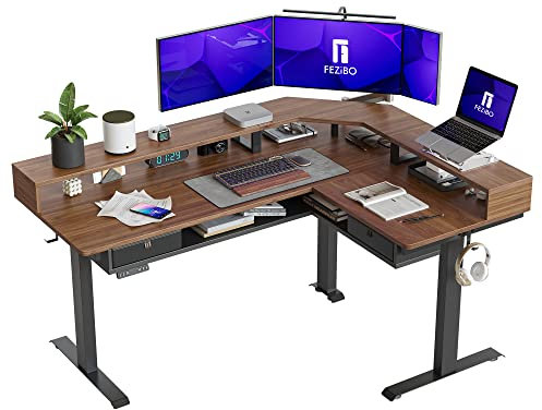 FEZIBO 160cm Schreibtisch Höhenverstellbar Elektrisch mit LED Strip, L Form Gaming Stehpult mit Monitorständer und 2 Schublade, DREI Motoren Groß eckschreibtisch, Schwarz Walnuss Tischplatte