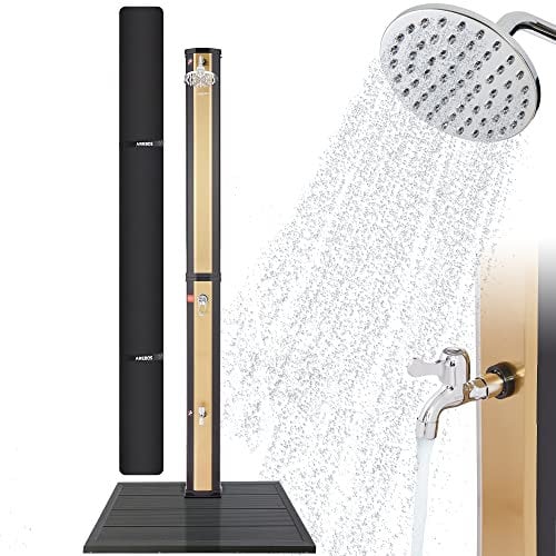 Arebos Ducha Solar 35 L | con teleducha y termómetro | Temperatura del Agua hasta 60°C Pooldusche Camping | alcachofa de Ducha Redonda | Incl. Tapa&Plato de Fondo en Antracita I Negro-Oro