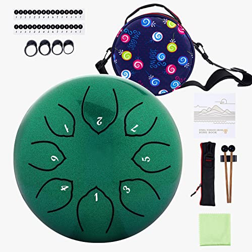 Musfunny Steel Tongue Drum Zungentrommel : 6 Zoll 8 Noten C-Dur Handpan Instrument - Stahlzungentrommel Schlaginstrument für Geburtstagsgeschenk Klangheilung Yoga Meditation (Grün)