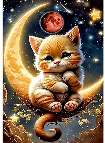QENSPE 5D Diamond Painting Kätzchen Diamant Painting Bilder Mond und Sterne Diamond Art Erwachsene Full DIY Diamant Kunst Malerei Stickerei Set Kreuzstich Bilder Home Wand Dekor 30x40cm